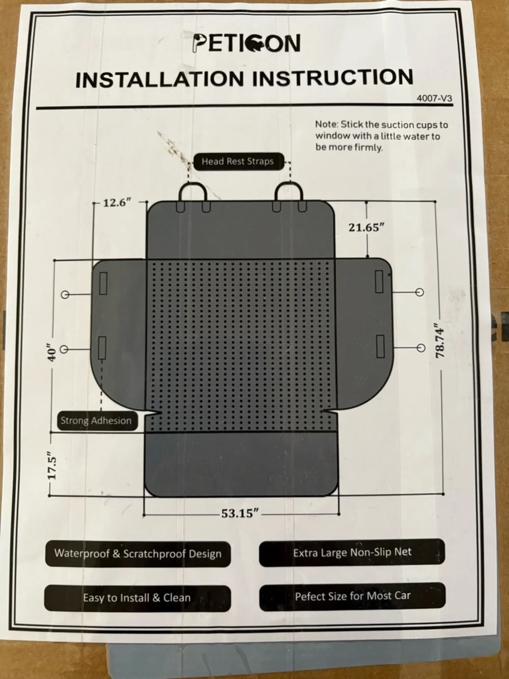 NEW IN BOX- Peticon Pet Car Back Seat waterproof Protector Mat in Black.